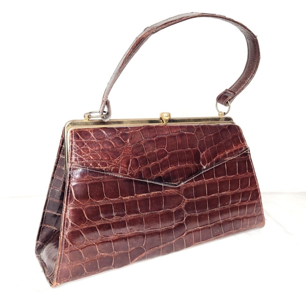 Vintage 30s 40s Brown Alligator Crocodile Handbag Classic Party Elegant Bride